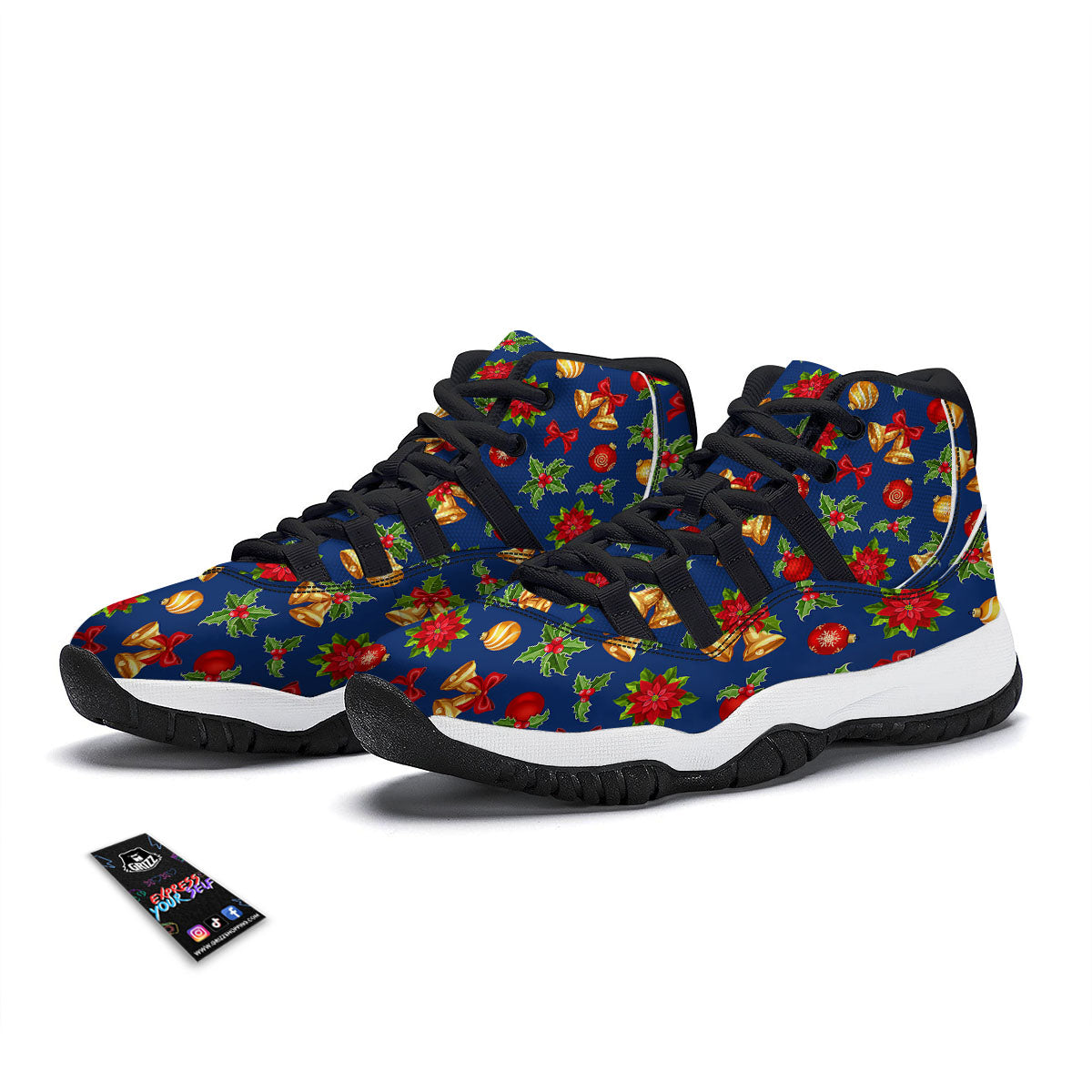 Poinsettia Merry Christmas Print Pattern Black Bball Shoes-grizzshop