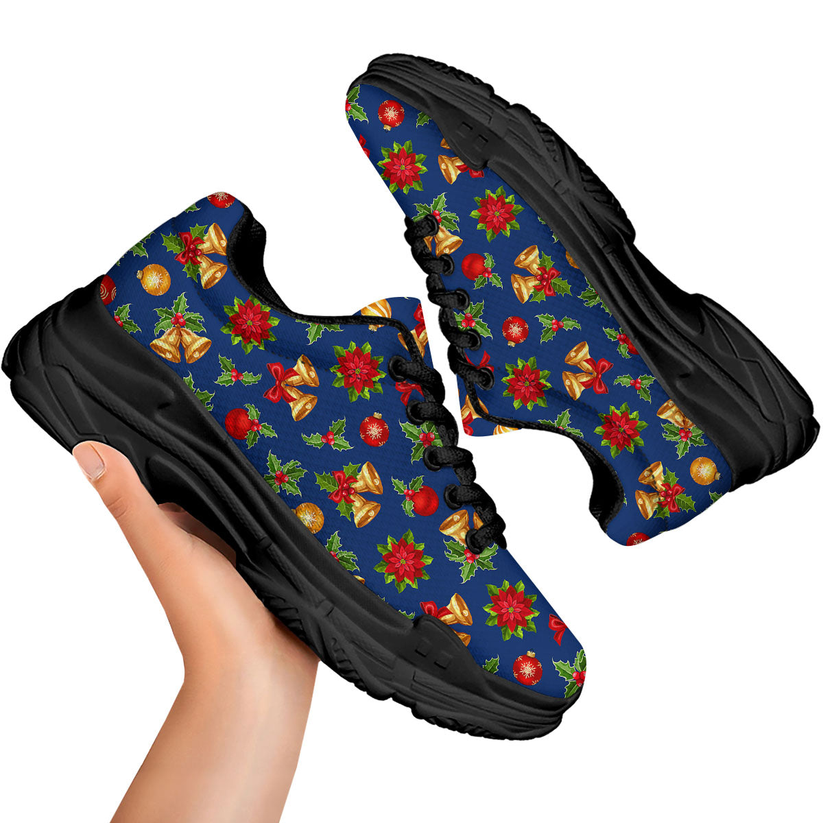 Poinsettia Merry Christmas Print Pattern Black Chunky Shoes-grizzshop