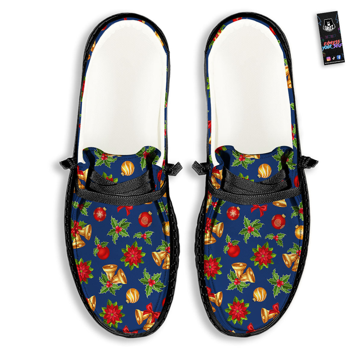 Poinsettia Merry Christmas Print Pattern Black Loafers-grizzshop