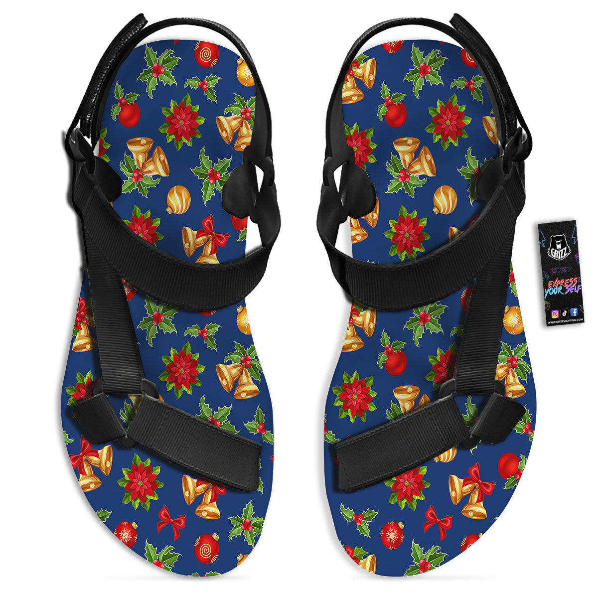 Poinsettia Merry Christmas Print Pattern Black Open Toe Sandals-grizzshop