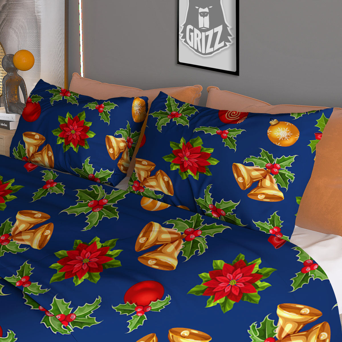Poinsettia Merry Christmas Print Pattern Duvet Cover Bedding Set