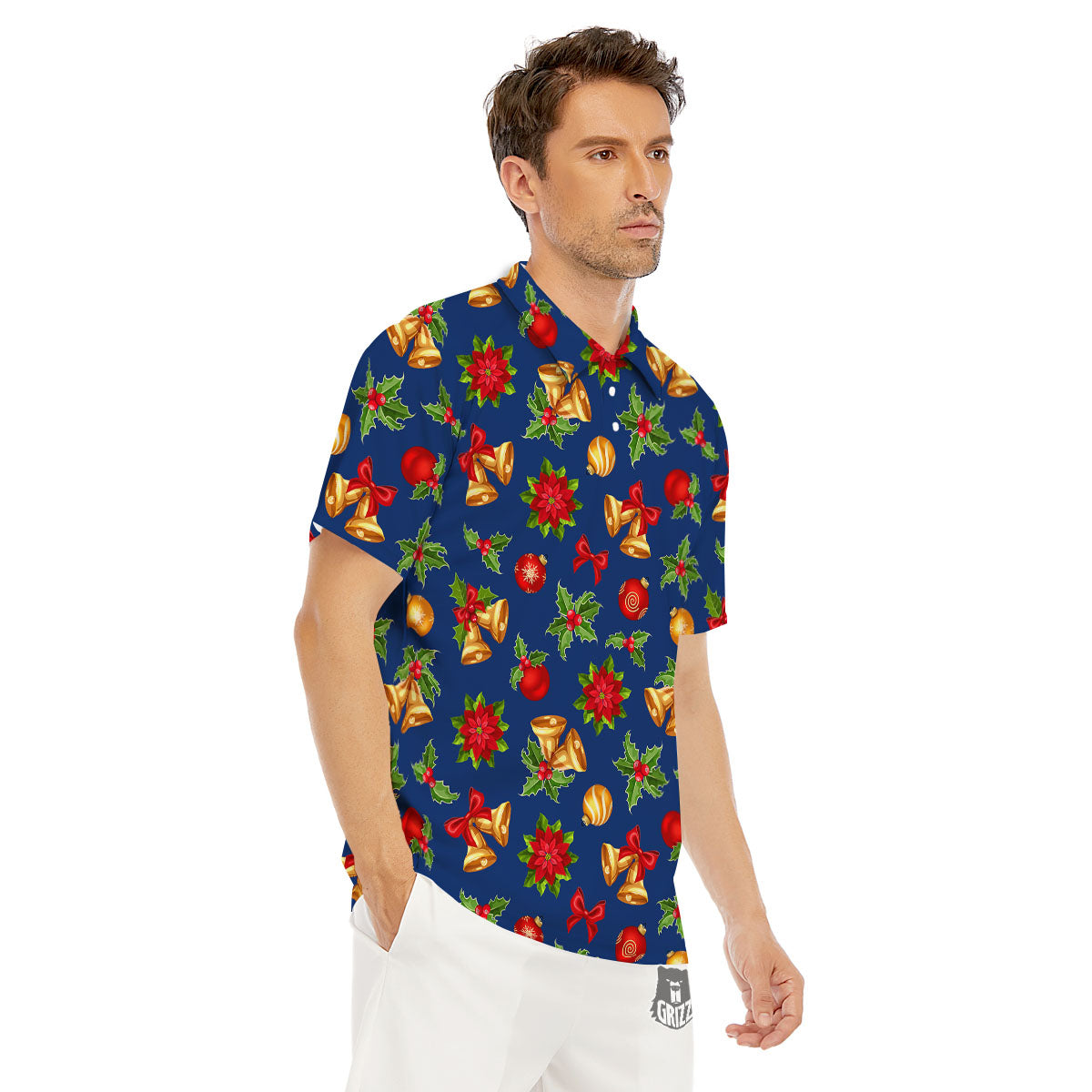 Poinsettia Merry Christmas Print Pattern Men's Golf Shirts-grizzshop