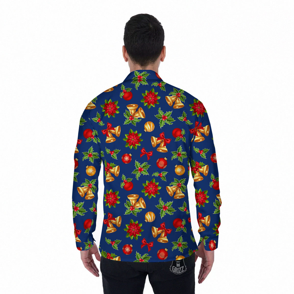 Poinsettia Merry Christmas Print Pattern Men's Long Sleeve Shirts-grizzshop