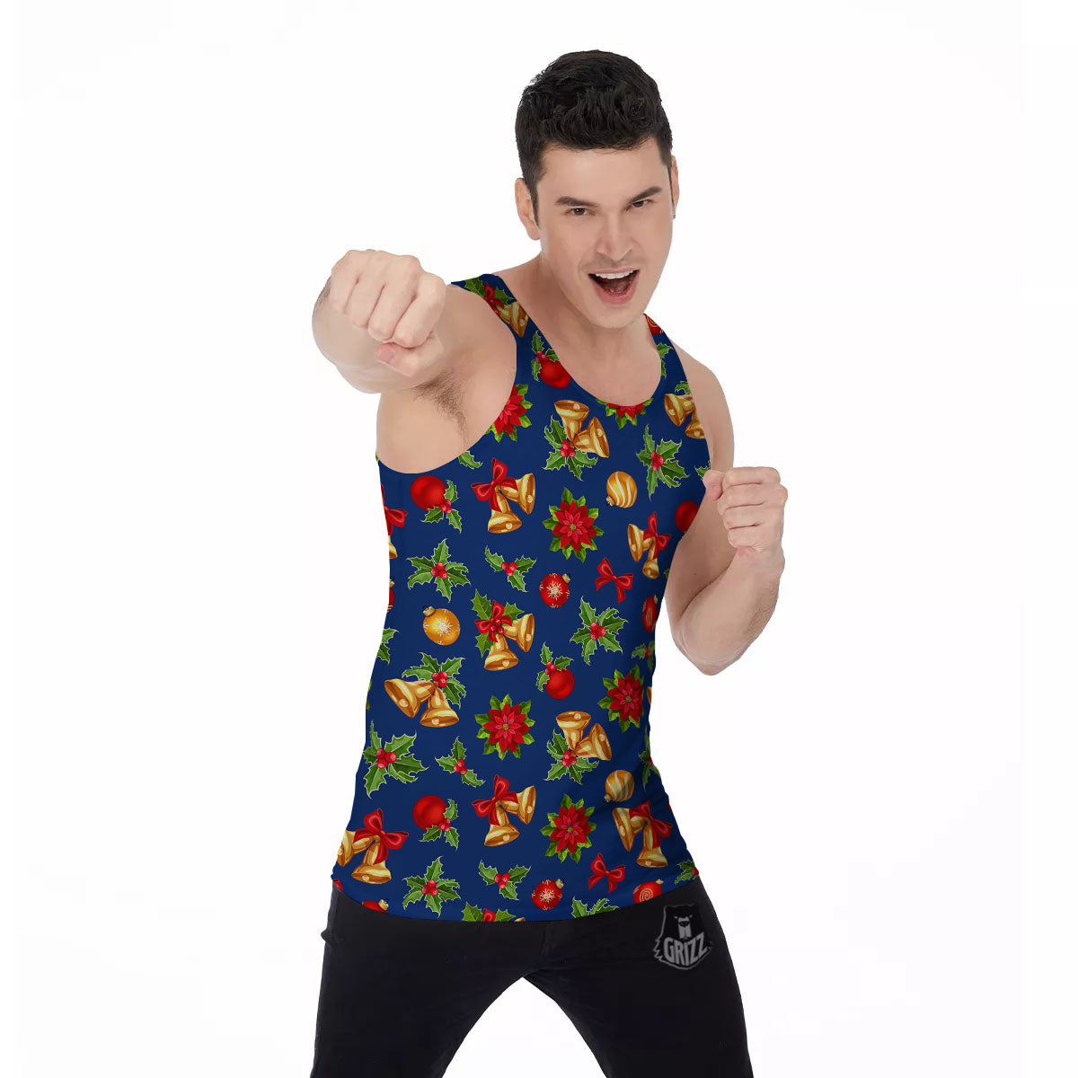 Poinsettia Merry Christmas Print Pattern Men's Tank Top-grizzshop