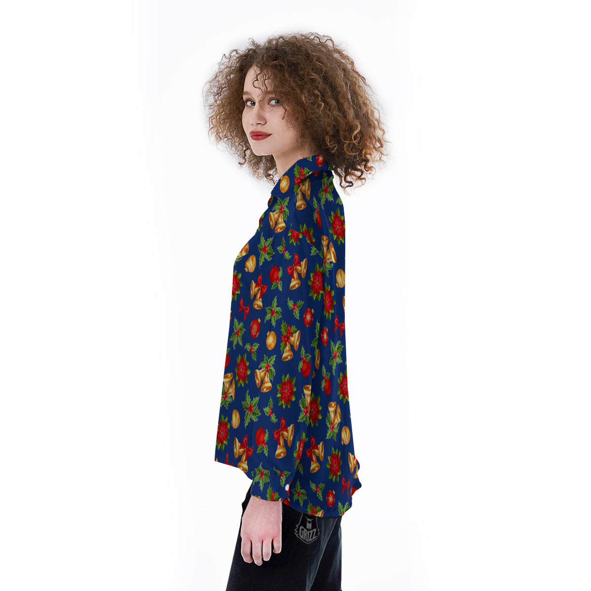 Poinsettia Merry Christmas Print Pattern Women's Long Sleeve Shirts-grizzshop