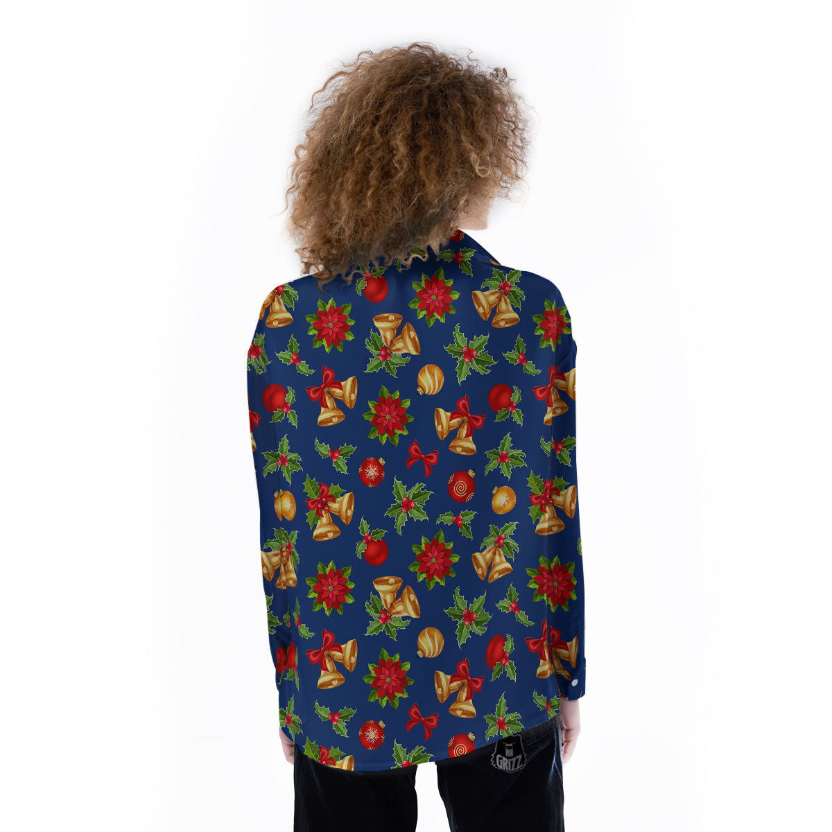 Poinsettia Merry Christmas Print Pattern Women's Long Sleeve Shirts-grizzshop