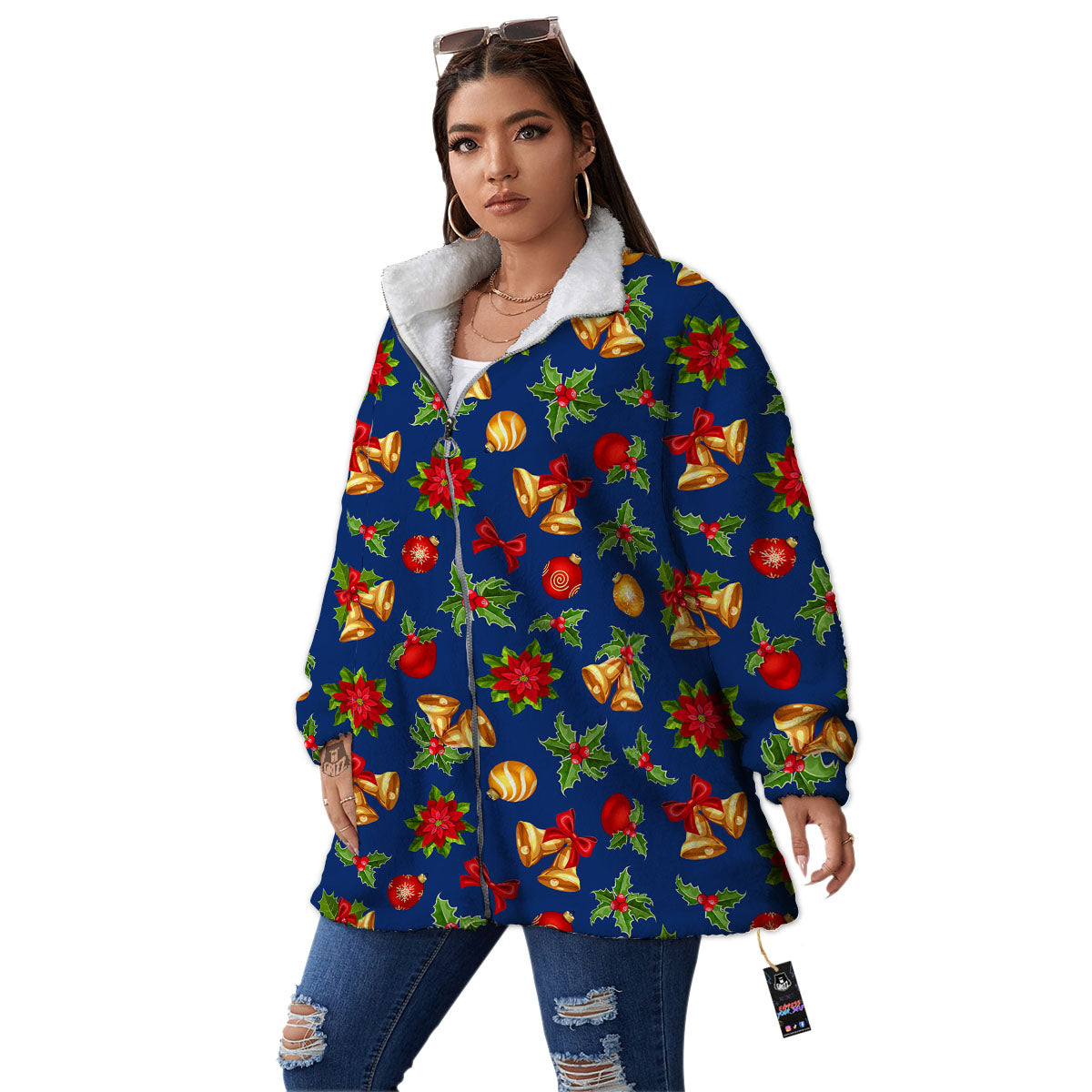 Poinsettia Merry Christmas Print Pattern Women's Sherpa Jacket-grizzshop