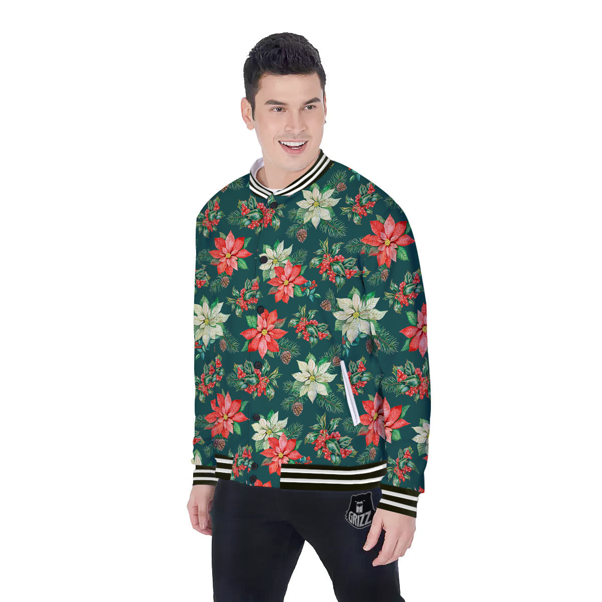 Poinsettia Watercolor Print Pattern Baseball Jacket-grizzshop