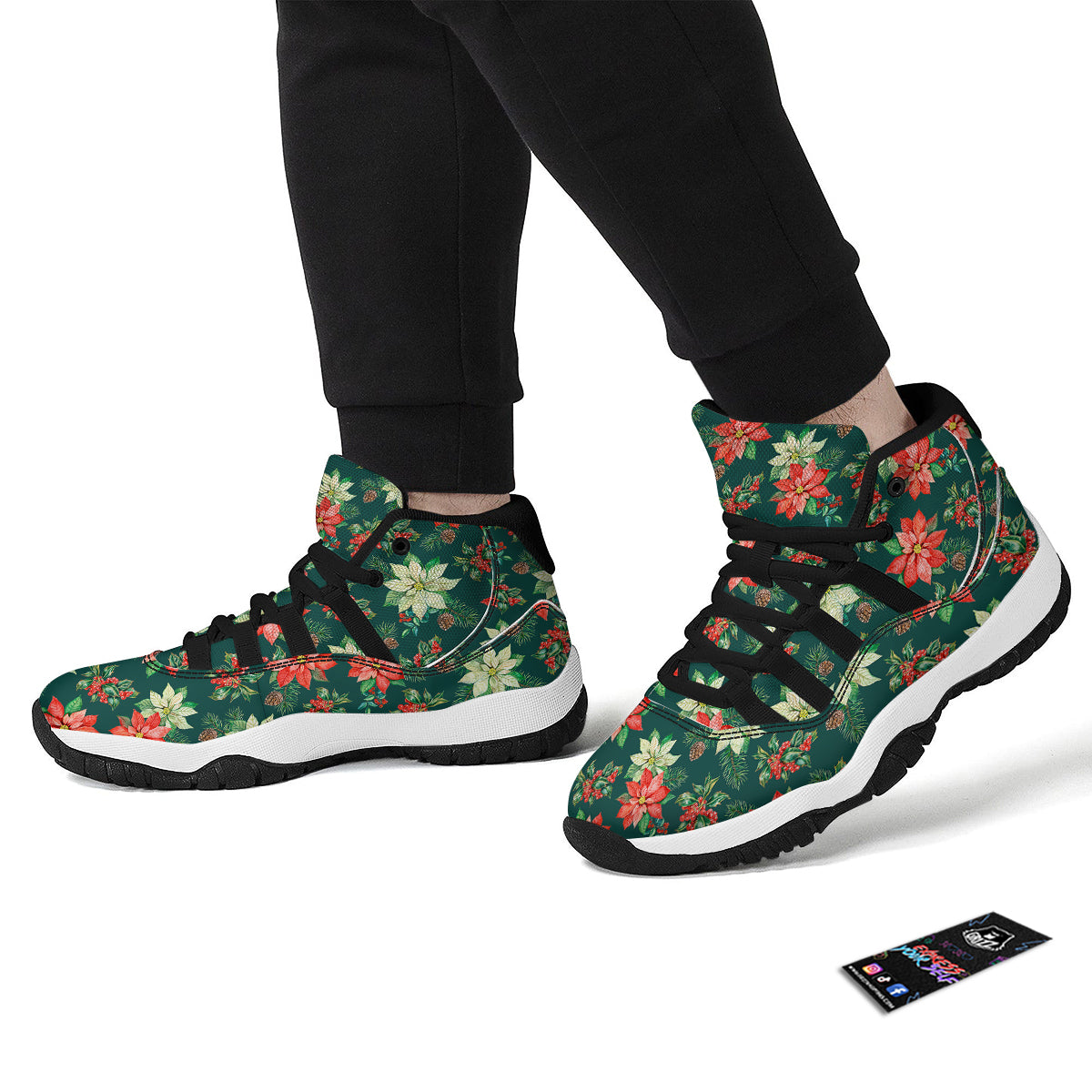 Poinsettia Watercolor Print Pattern Black Bball Shoes-grizzshop