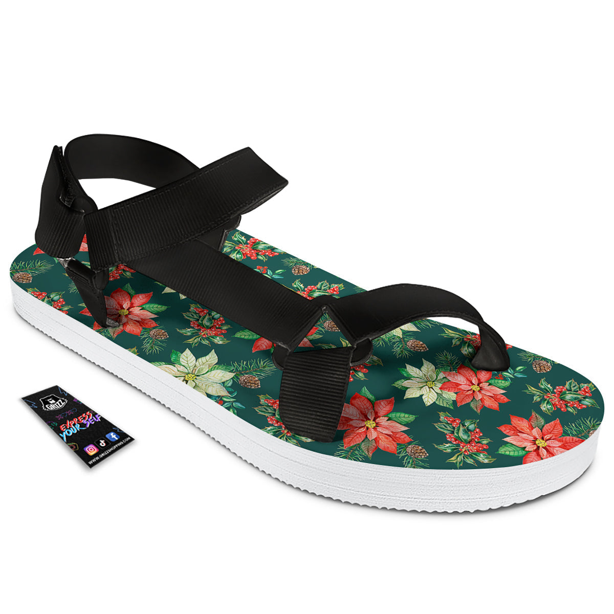Poinsettia Watercolor Print Pattern Black Open Toe Sandals-grizzshop