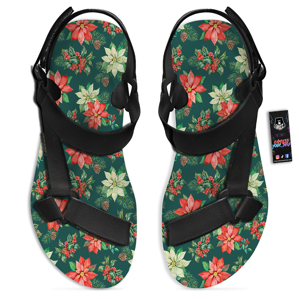 Poinsettia Watercolor Print Pattern Black Open Toe Sandals-grizzshop