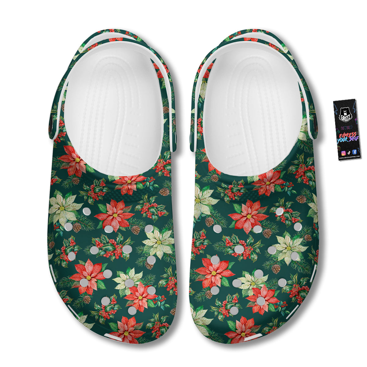 Poinsettia Watercolor Print Pattern Clog-grizzshop