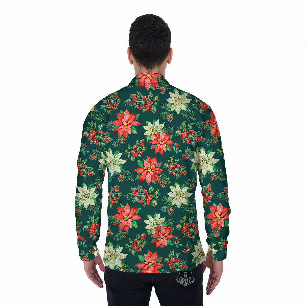 Poinsettia Watercolor Print Pattern Men's Long Sleeve Shirts-grizzshop