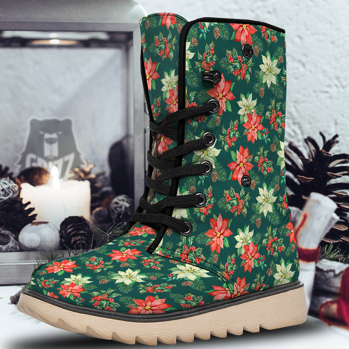 Poinsettia Watercolor Print Pattern Snow Boots-grizzshop