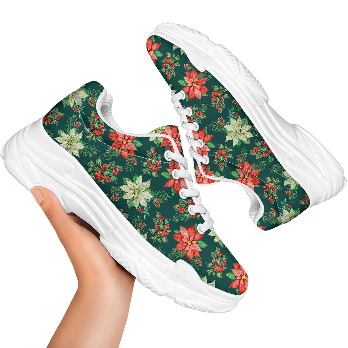 Poinsettia Watercolor Print Pattern White Chunky Shoes-grizzshop