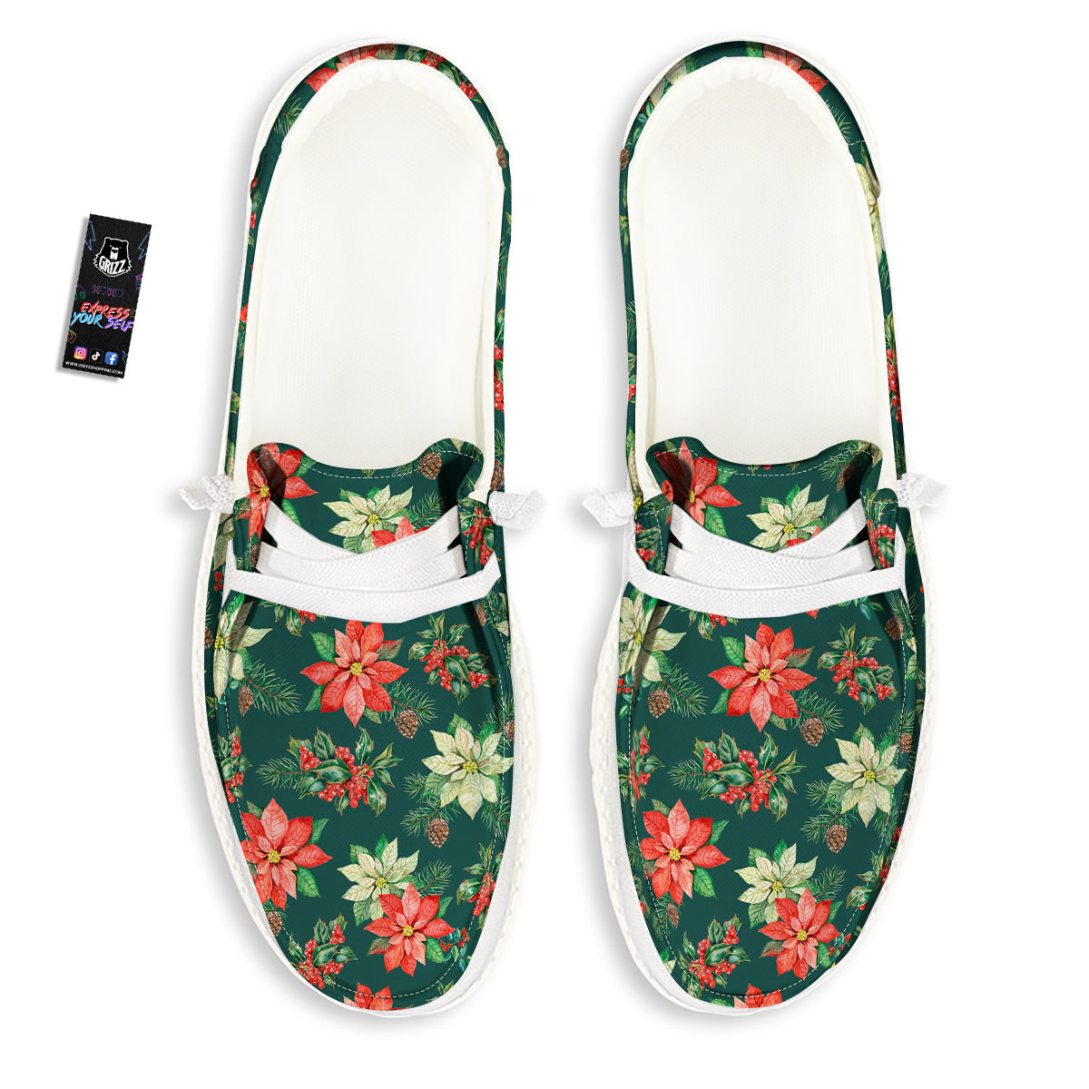 Poinsettia Watercolor Print Pattern White Loafers-grizzshop