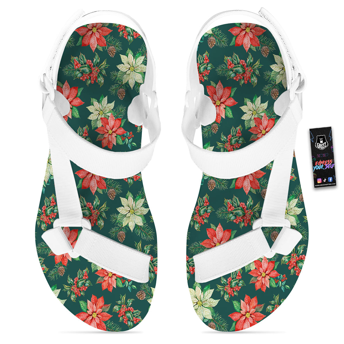 Poinsettia Watercolor Print Pattern White Open Toe Sandals-grizzshop