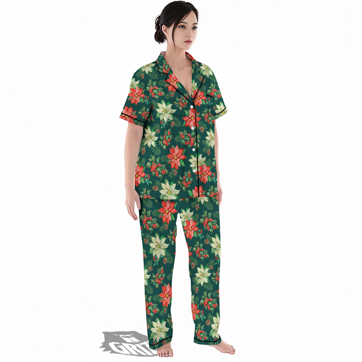 Poinsettia Watercolor Print Pattern Women's Pajamas Set-grizzshop