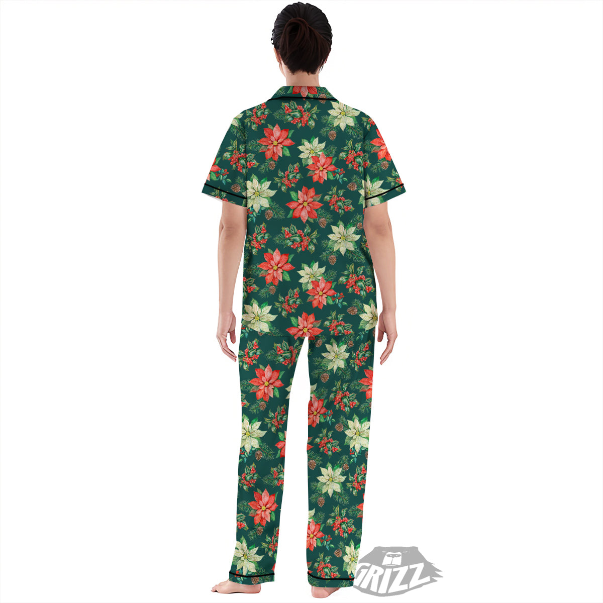 Poinsettia Watercolor Print Pattern Women's Pajamas Set-grizzshop