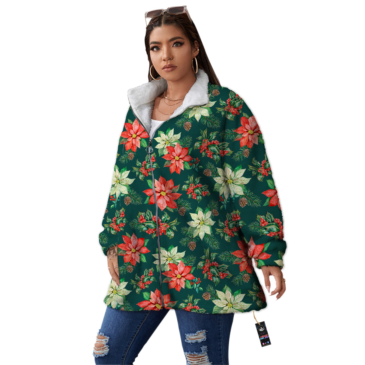 Poinsettia Watercolor Print Pattern Women's Sherpa Jacket-grizzshop