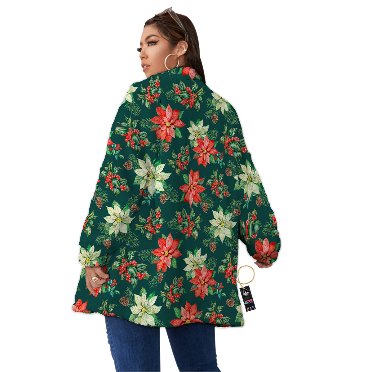 Poinsettia Watercolor Print Pattern Women's Sherpa Jacket-grizzshop