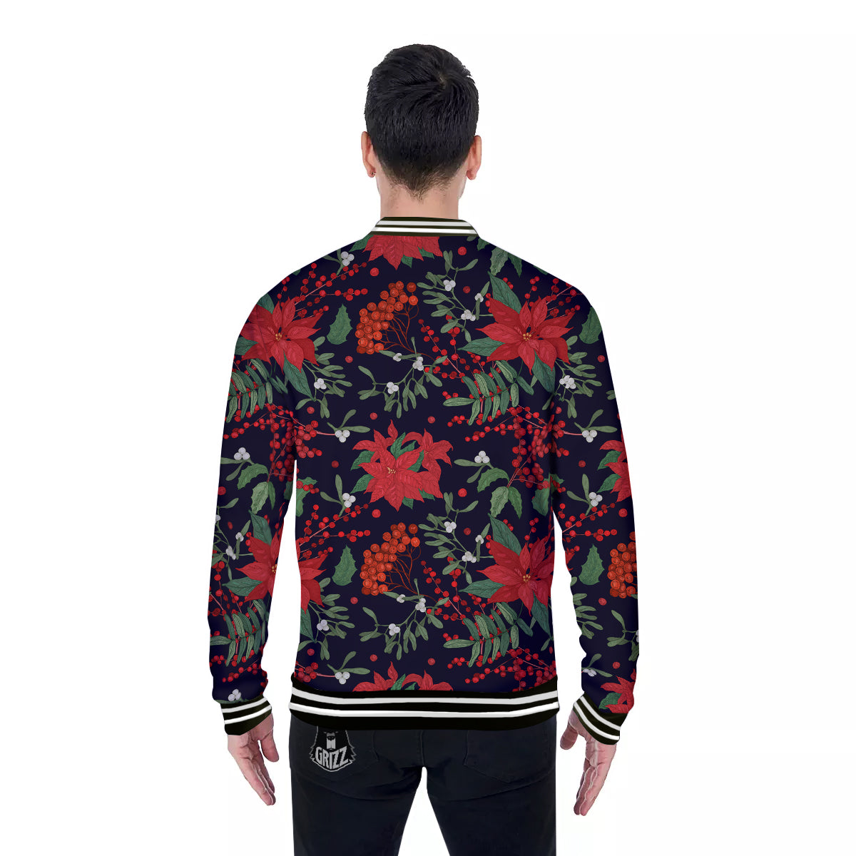 Poinsettia Xmas Print Pattern Baseball Jacket-grizzshop