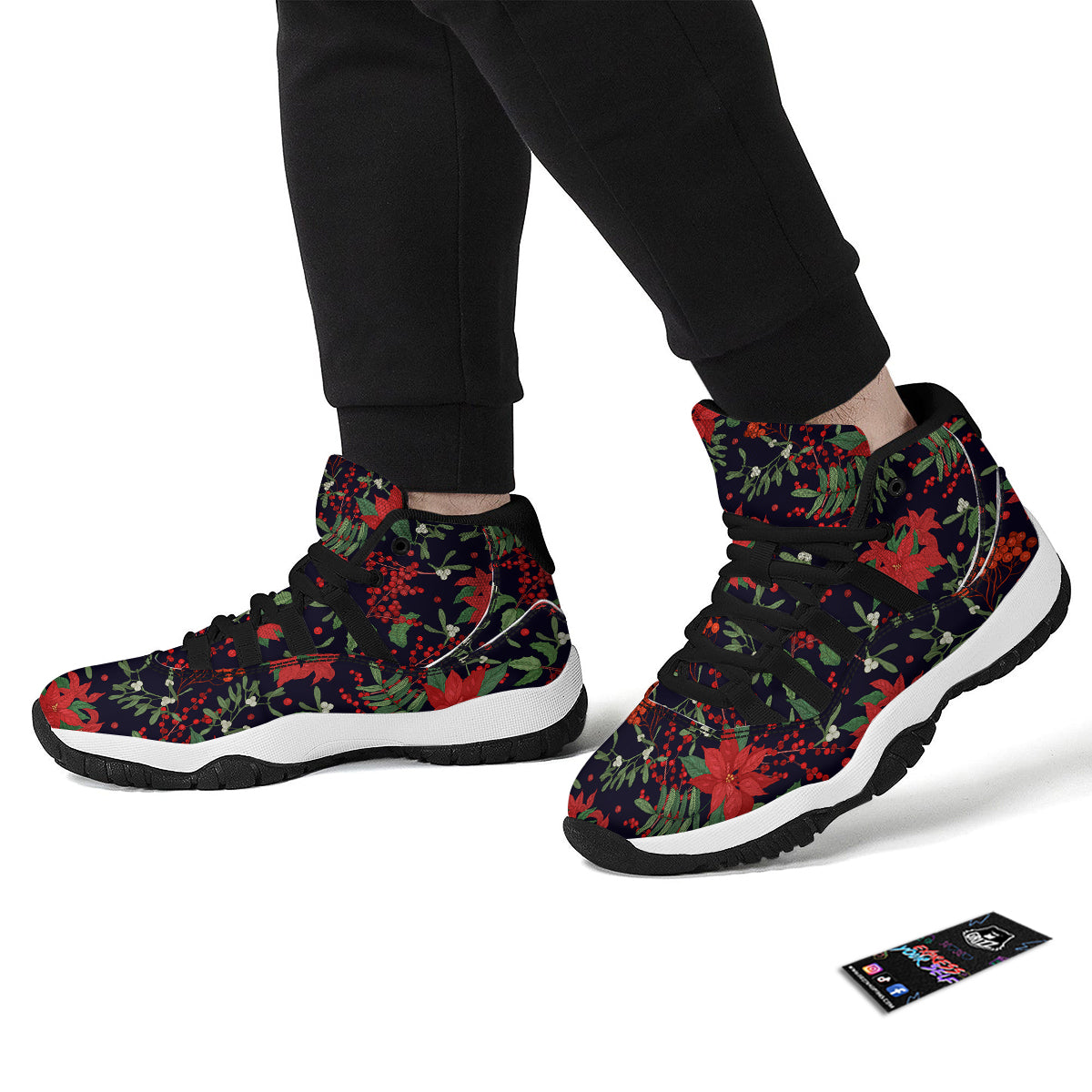 Poinsettia Xmas Print Pattern Black Bball Shoes-grizzshop