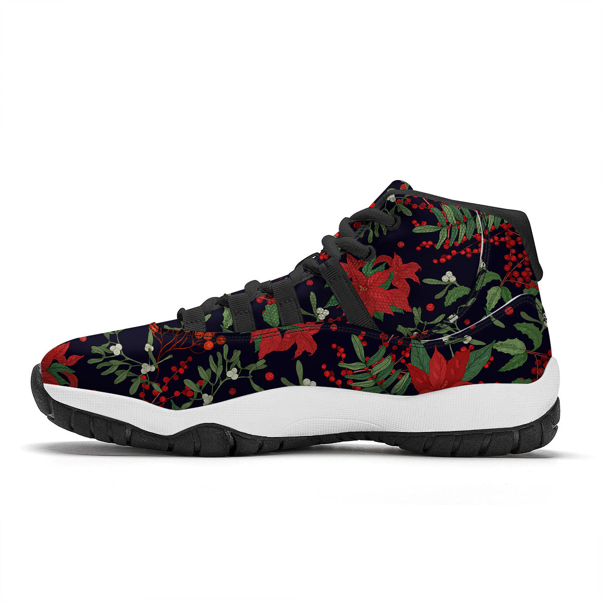 Poinsettia Xmas Print Pattern Black Bball Shoes-grizzshop