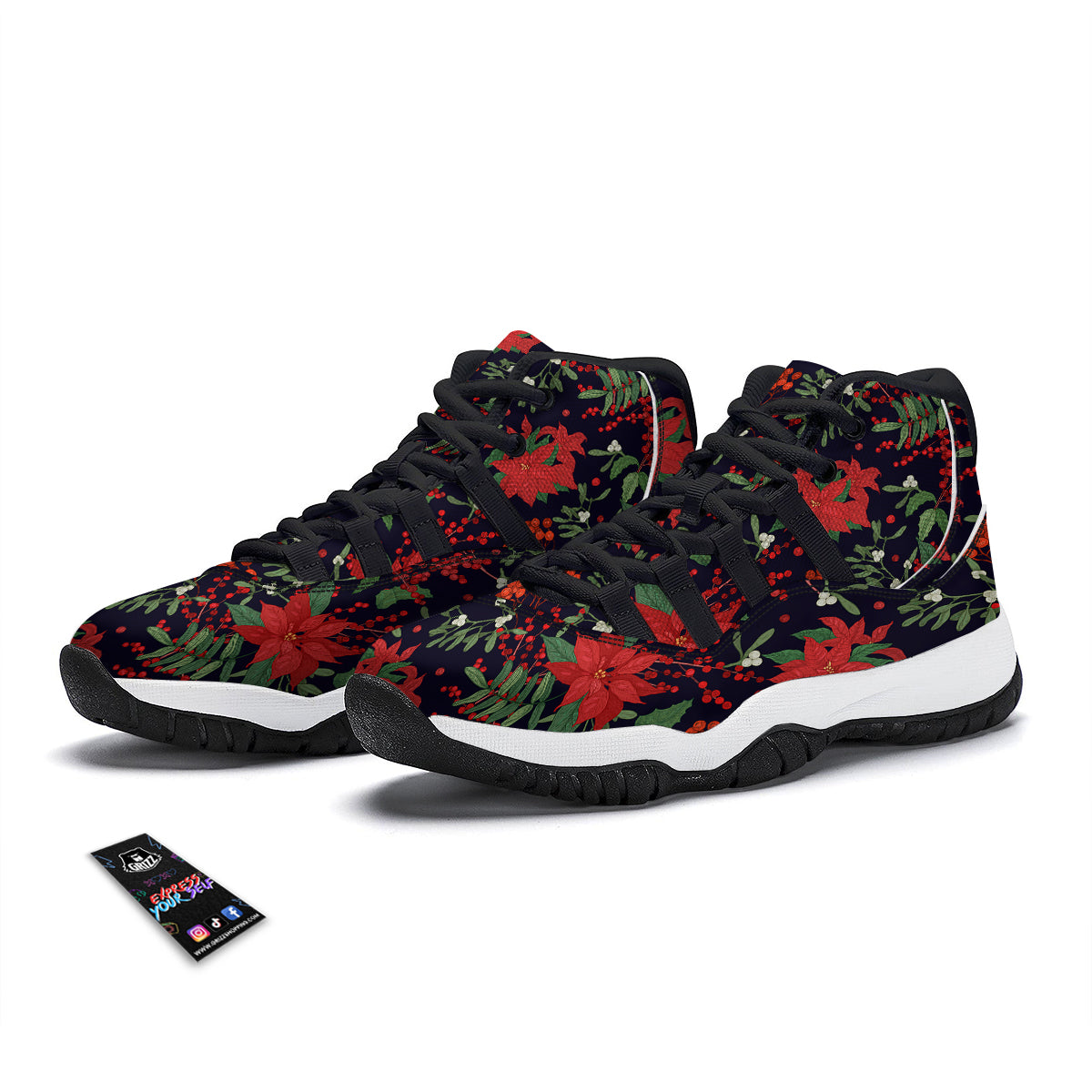 Poinsettia Xmas Print Pattern Black Bball Shoes-grizzshop