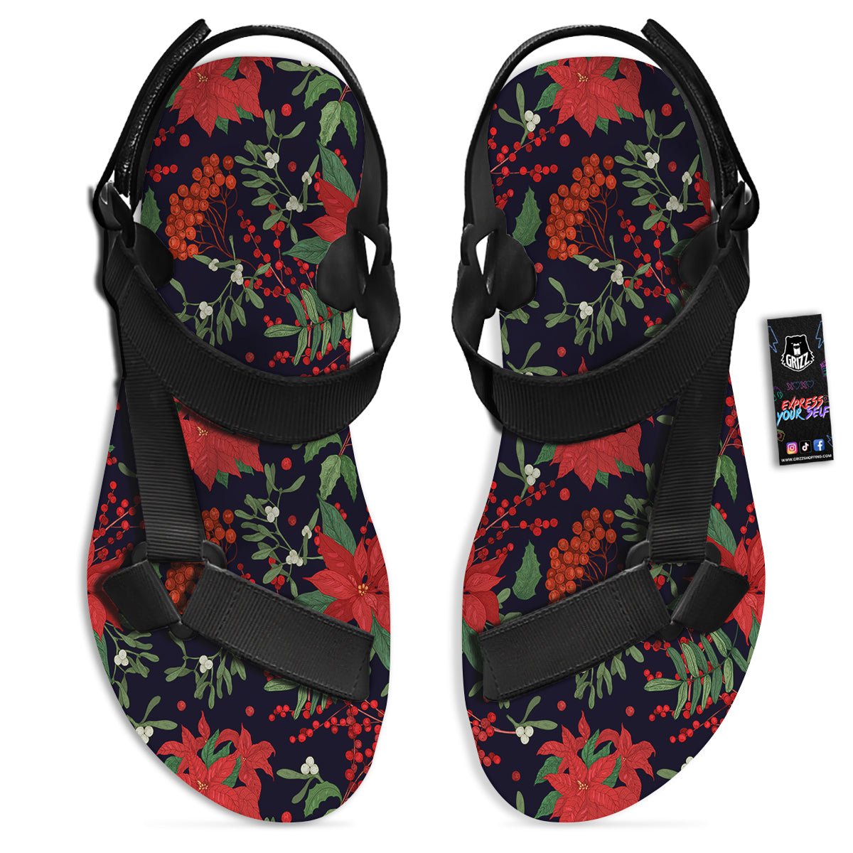 Poinsettia Xmas Print Pattern Black Open Toe Sandals-grizzshop