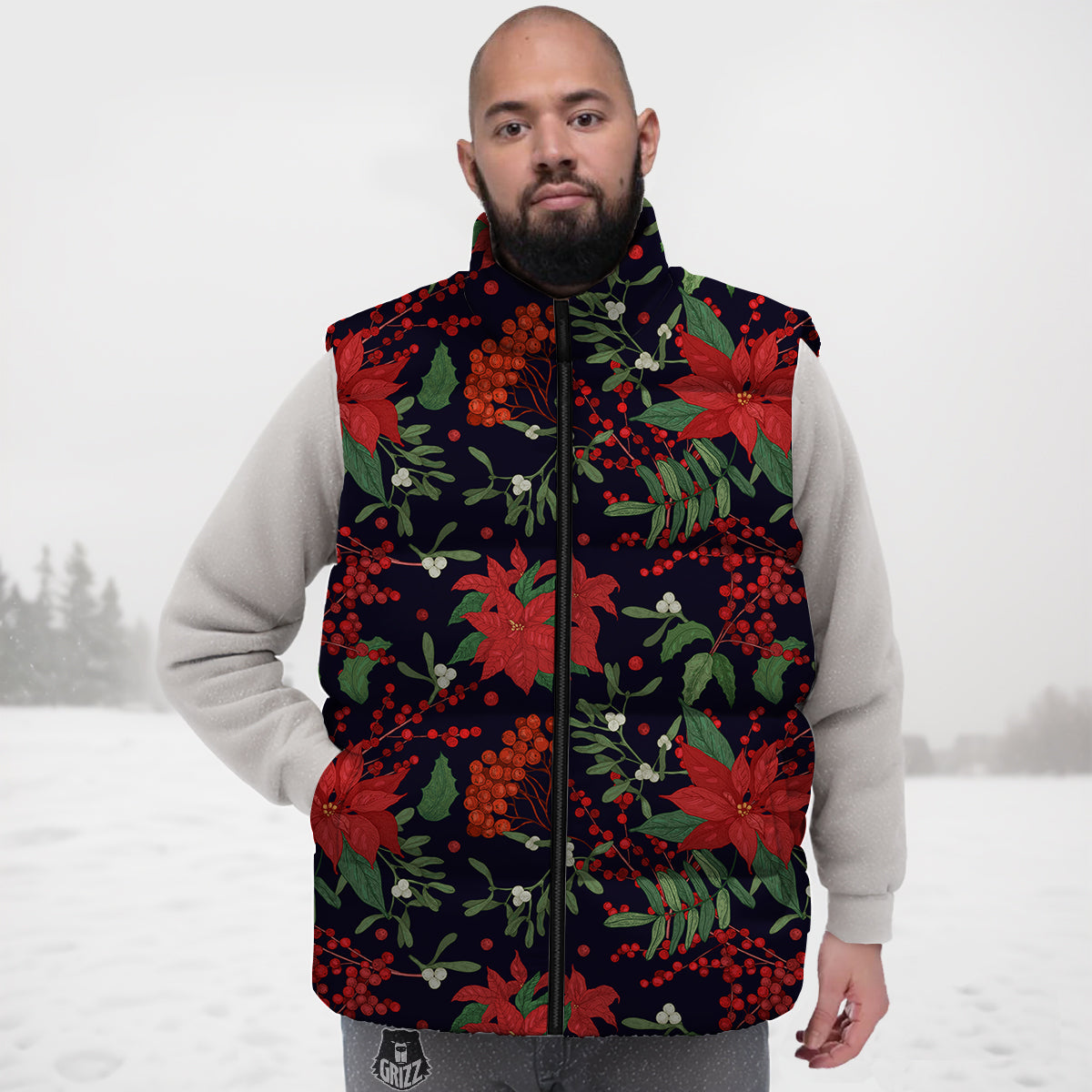 Poinsettia Xmas Print Pattern Down Vest