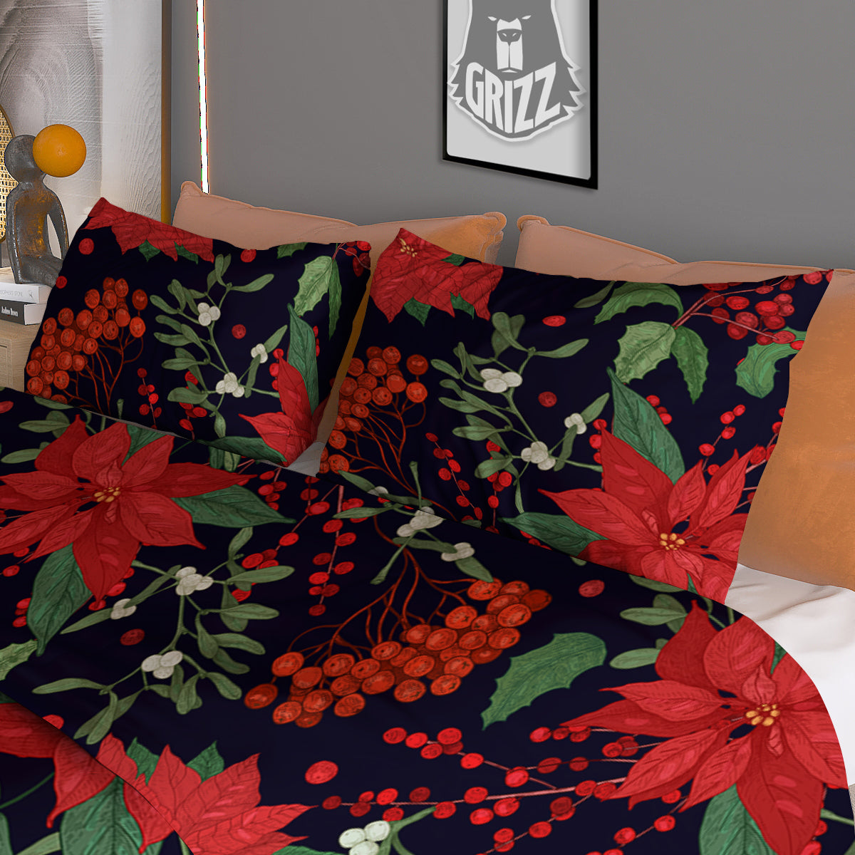 Poinsettia Xmas Print Pattern Duvet Cover Bedding Set