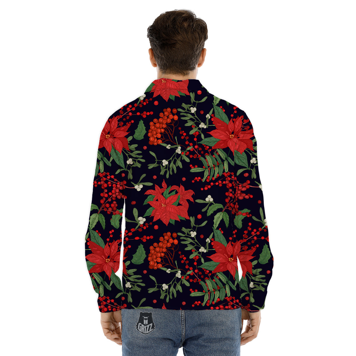 Poinsettia Xmas Print Pattern Men's Dress Shirts-grizzshop