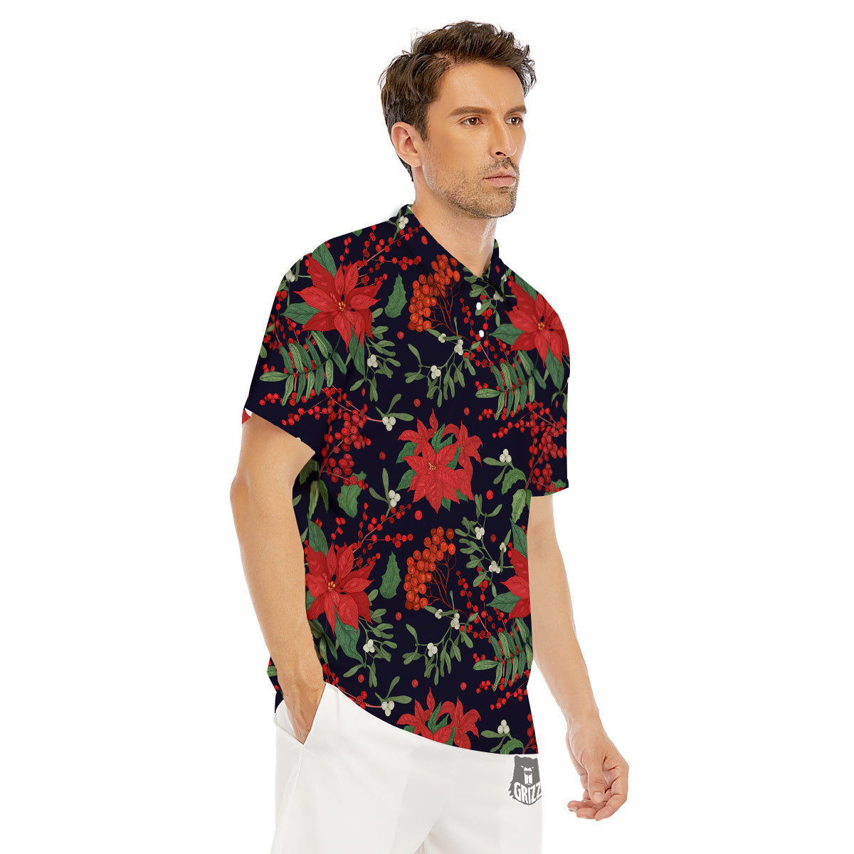 Poinsettia Xmas Print Pattern Men's Golf Shirts-grizzshop
