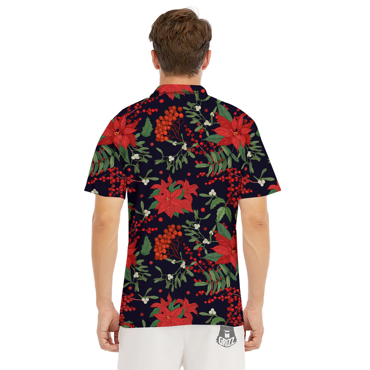 Poinsettia Xmas Print Pattern Men's Golf Shirts-grizzshop