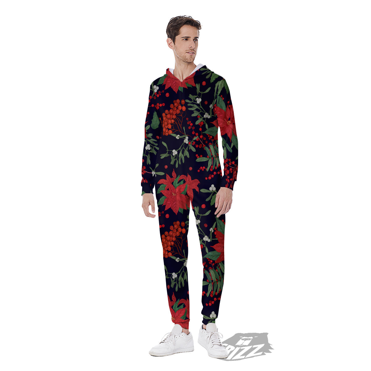 Poinsettia Xmas Print Pattern Men's Jumpsuit-grizzshop