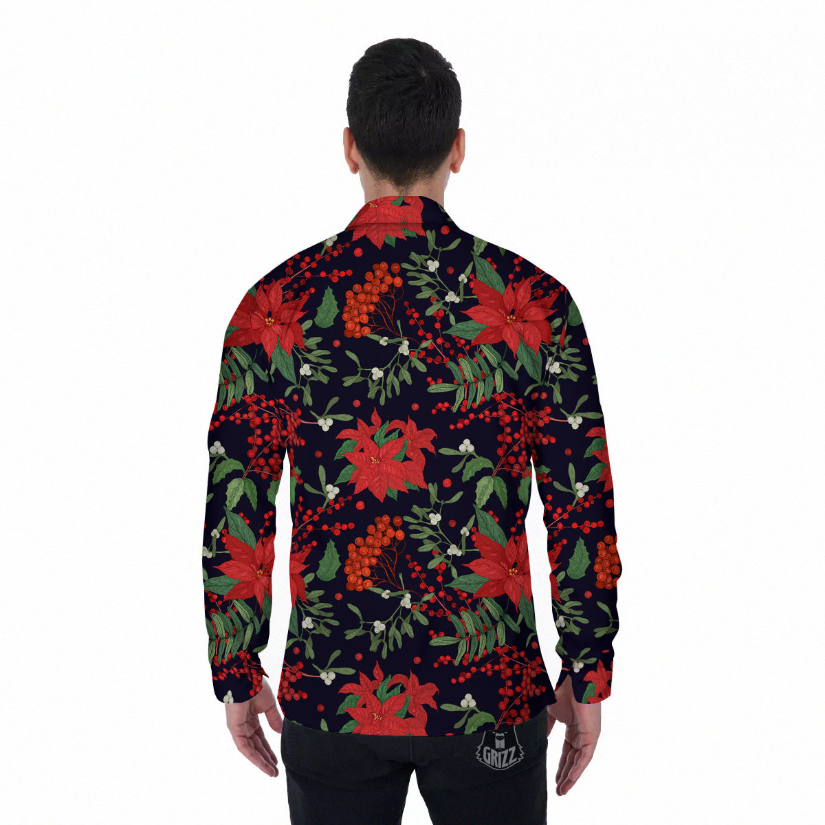 Poinsettia Xmas Print Pattern Men's Long Sleeve Shirts-grizzshop