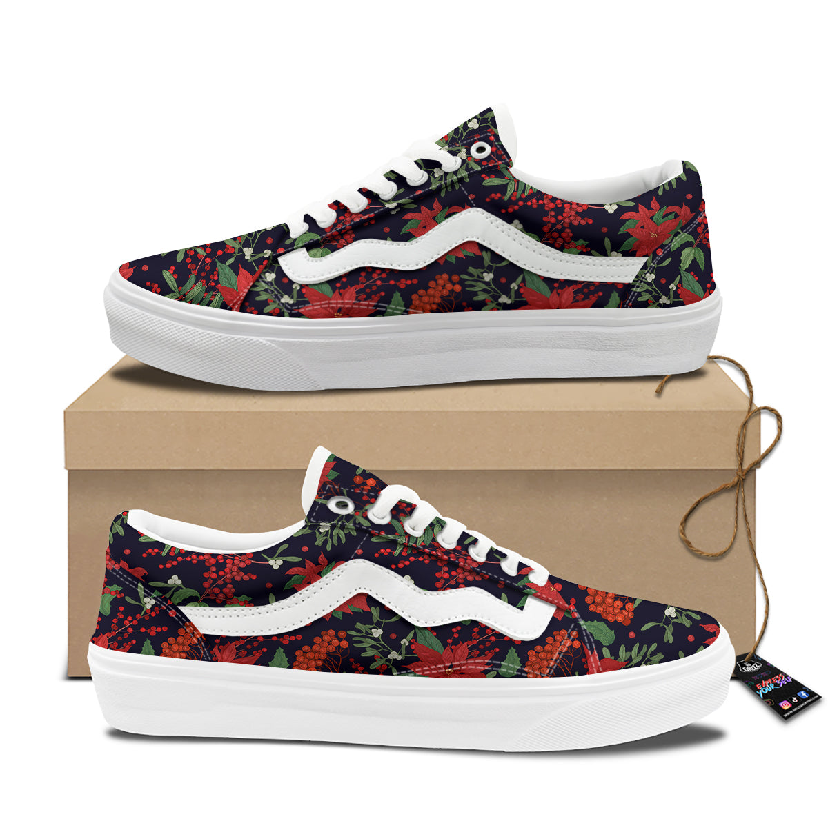Poinsettia Xmas Print Pattern Skate Shoes-grizzshop