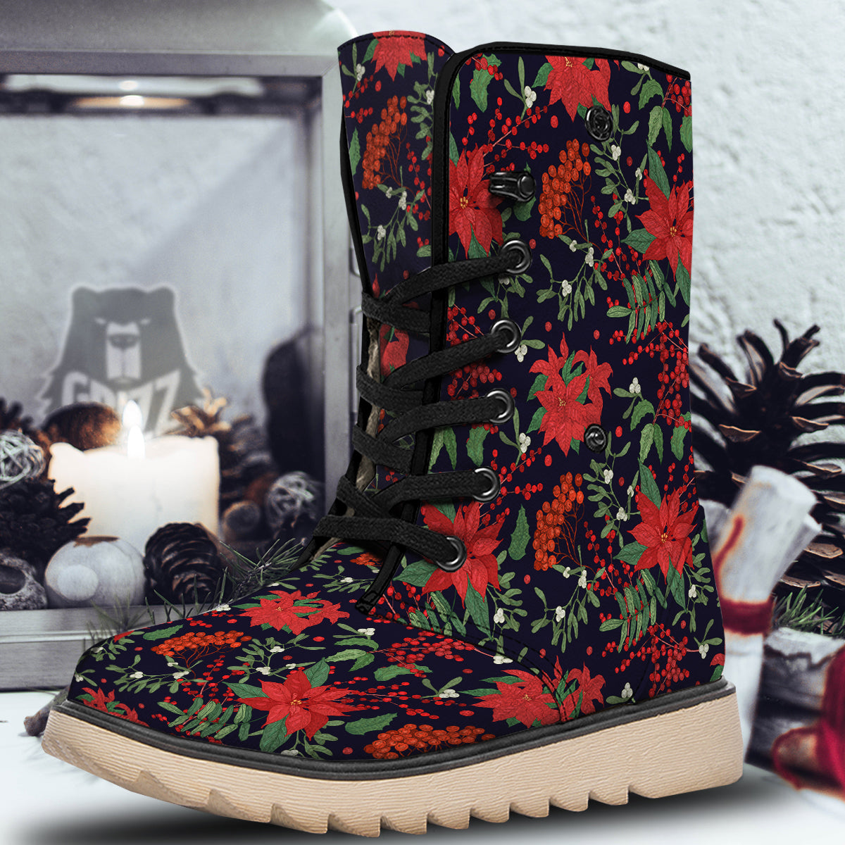 Poinsettia Xmas Print Pattern Snow Boots-grizzshop