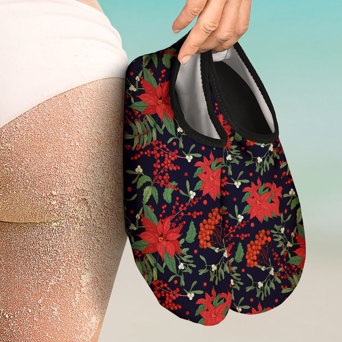 Poinsettia Xmas Print Pattern Water Shoes-grizzshop