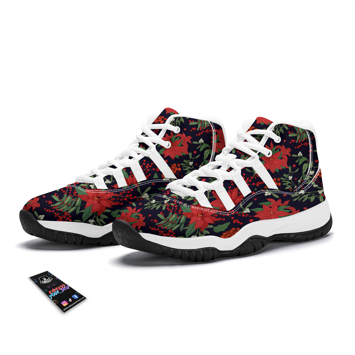 Poinsettia Xmas Print Pattern White Bball Shoes-grizzshop