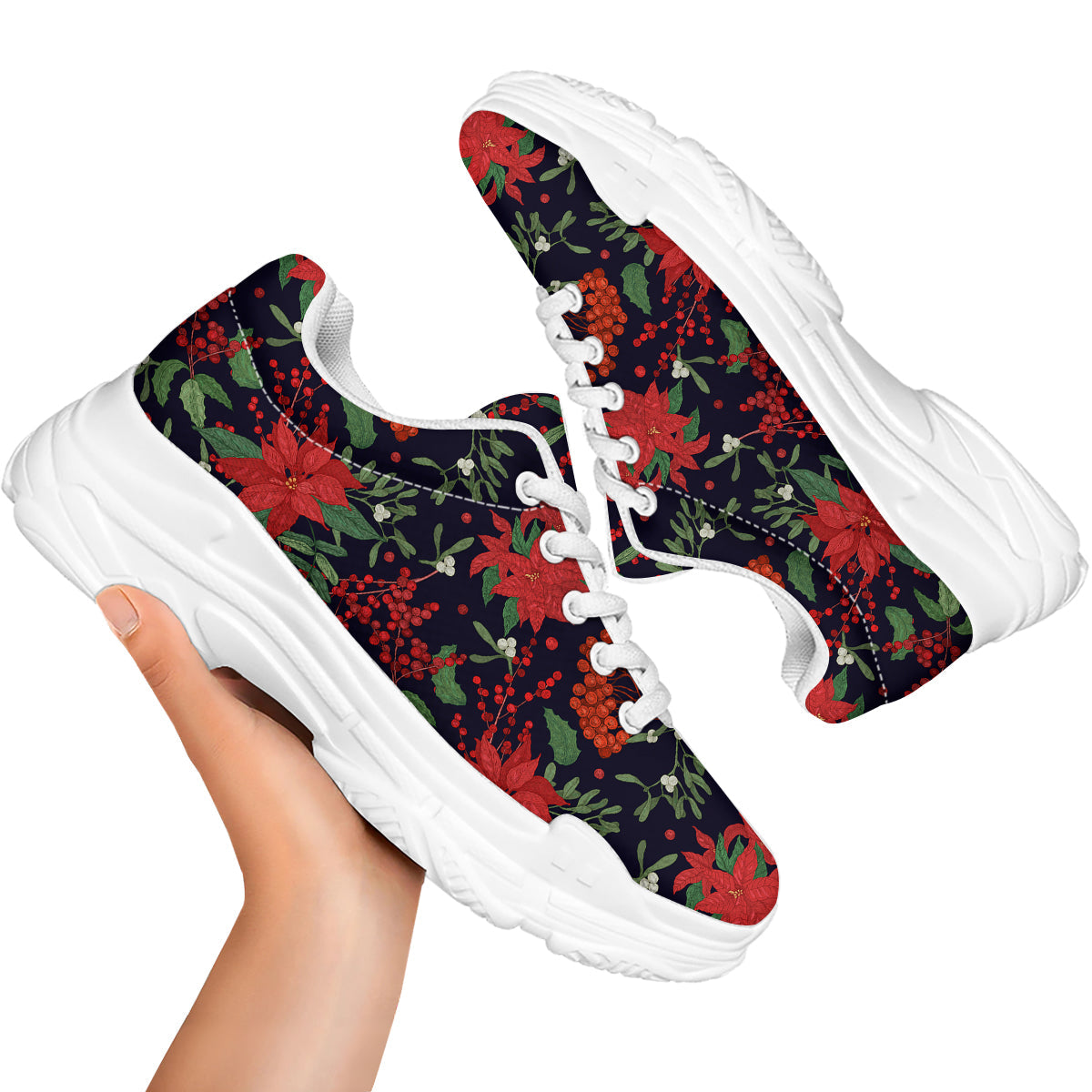 Poinsettia Xmas Print Pattern White Chunky Shoes-grizzshop