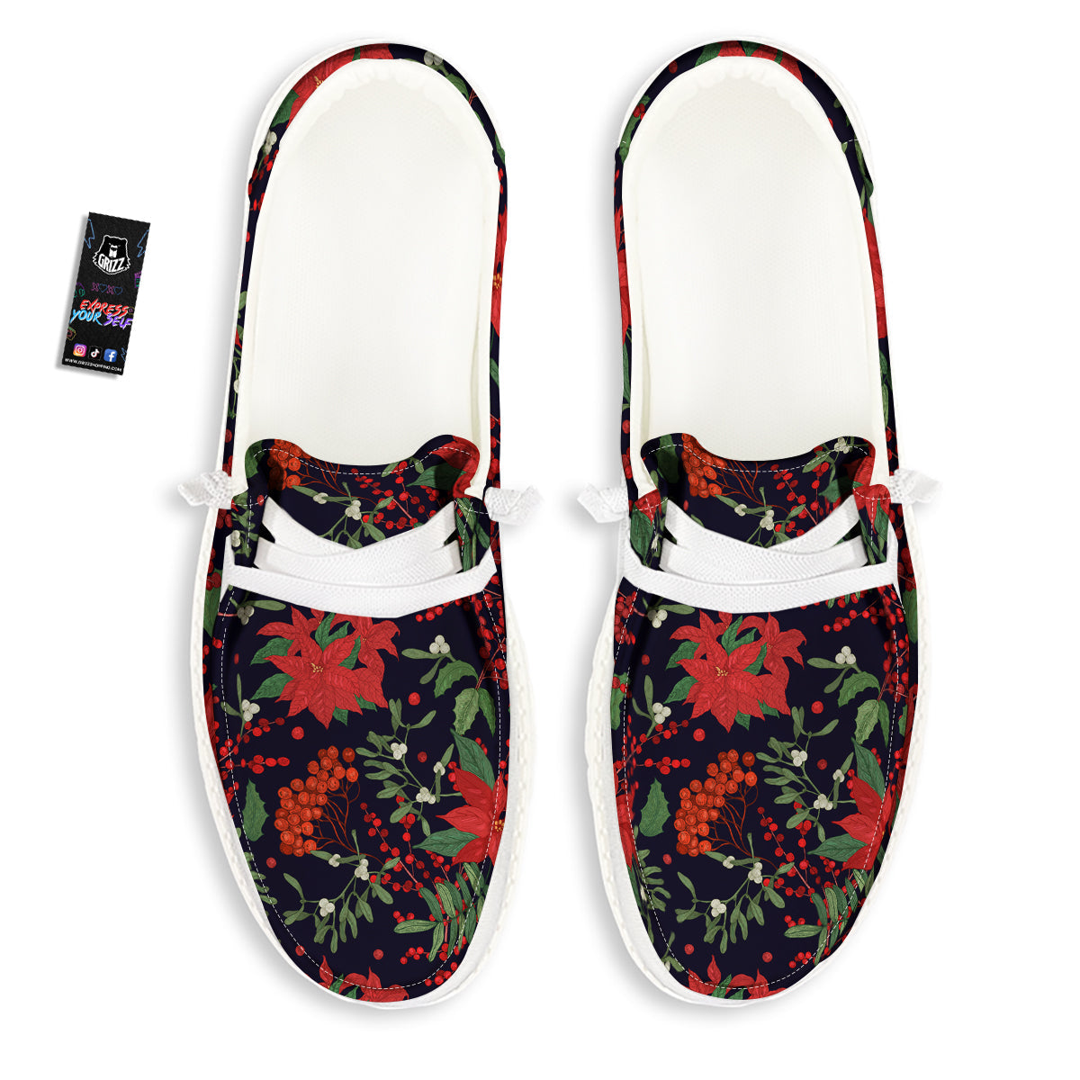 Poinsettia Xmas Print Pattern White Loafers-grizzshop