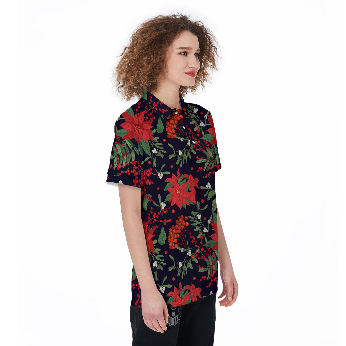 Poinsettia Xmas Print Pattern Women's Golf Shirts-grizzshop