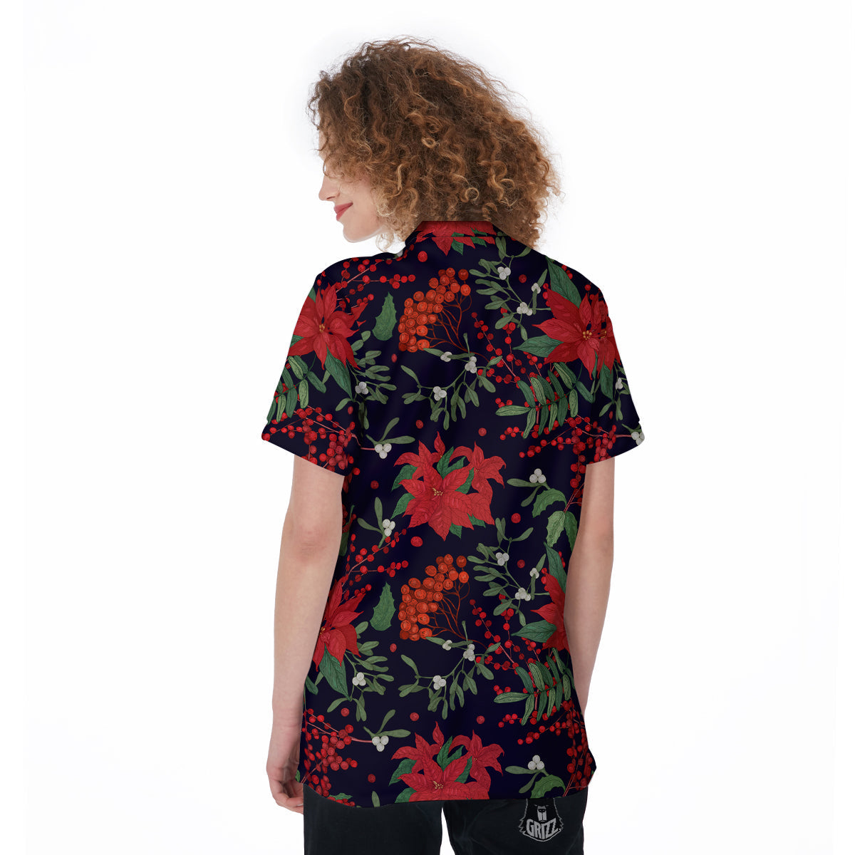 Poinsettia Xmas Print Pattern Women's Golf Shirts-grizzshop