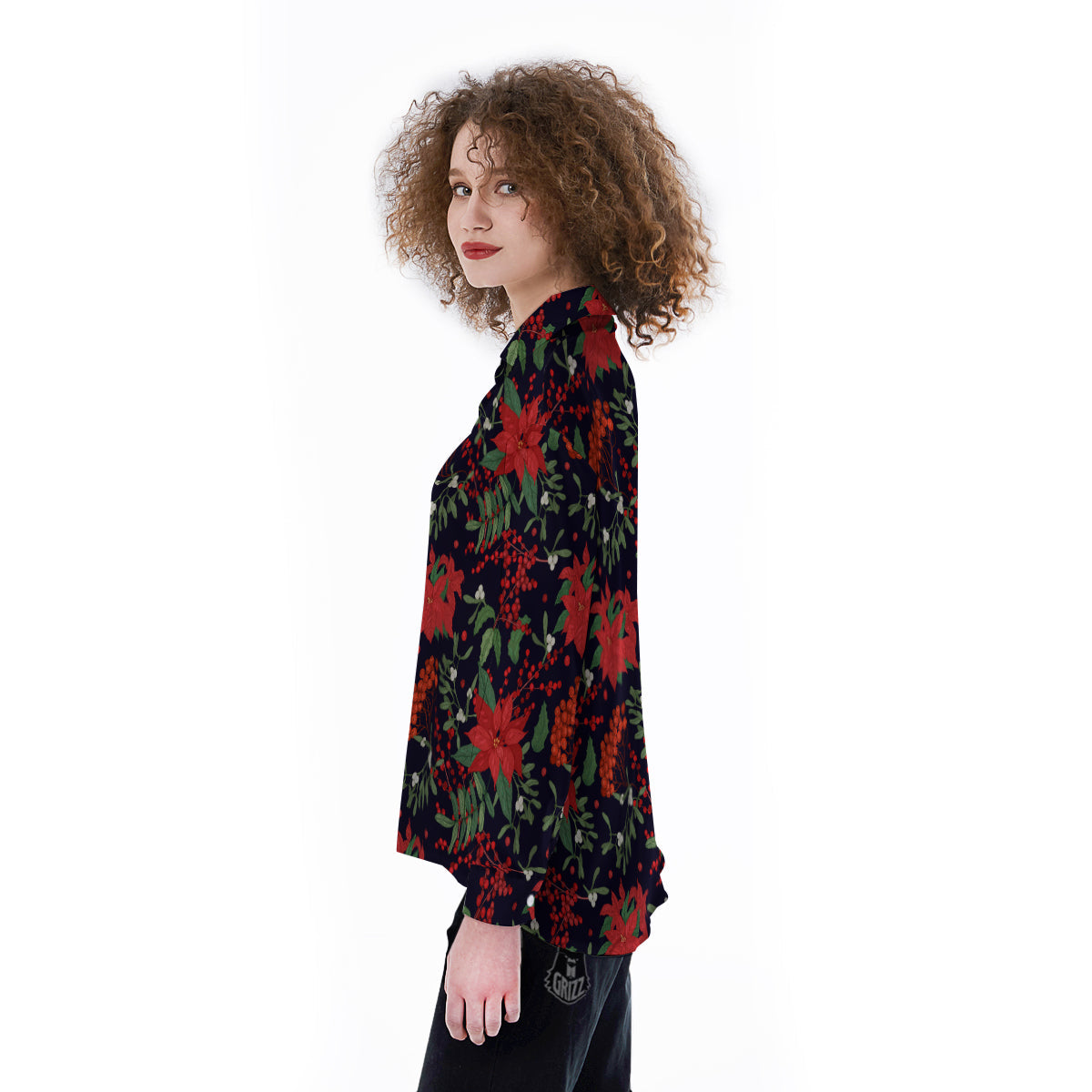 Poinsettia Xmas Print Pattern Women's Long Sleeve Shirts-grizzshop