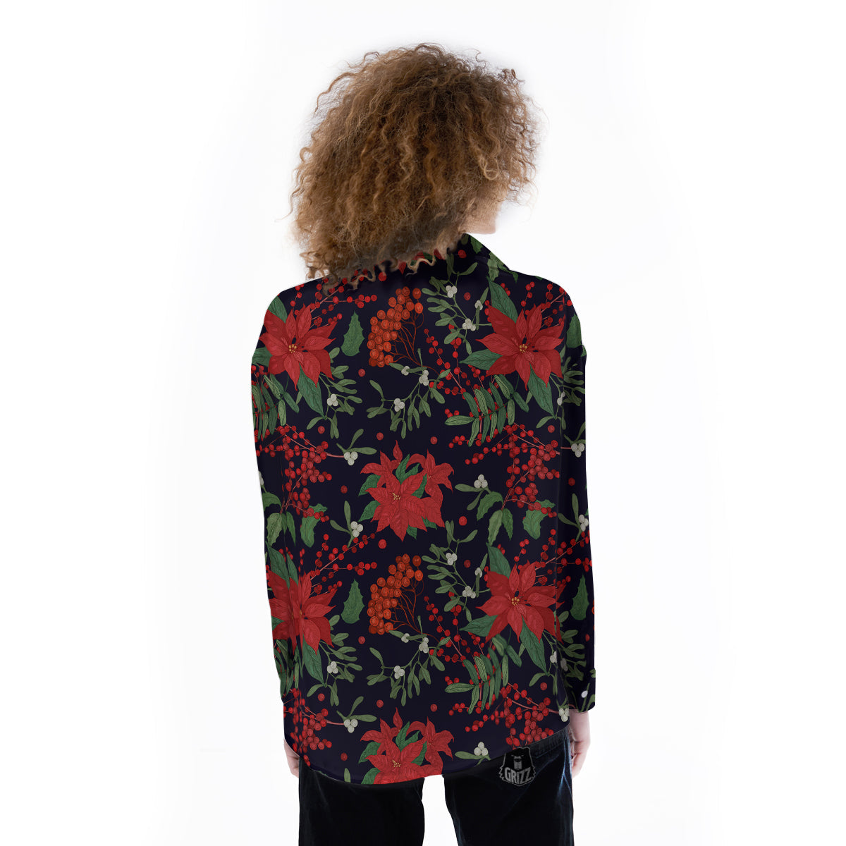 Poinsettia Xmas Print Pattern Women's Long Sleeve Shirts-grizzshop
