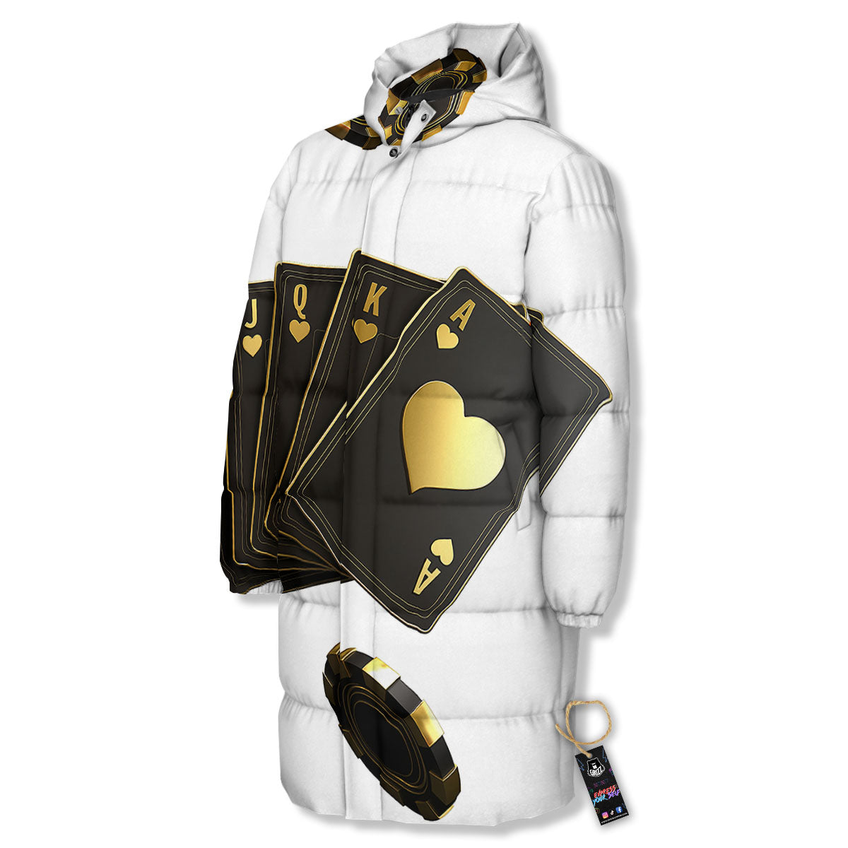 Poker Cards Print Long Down Jacket-grizzshop