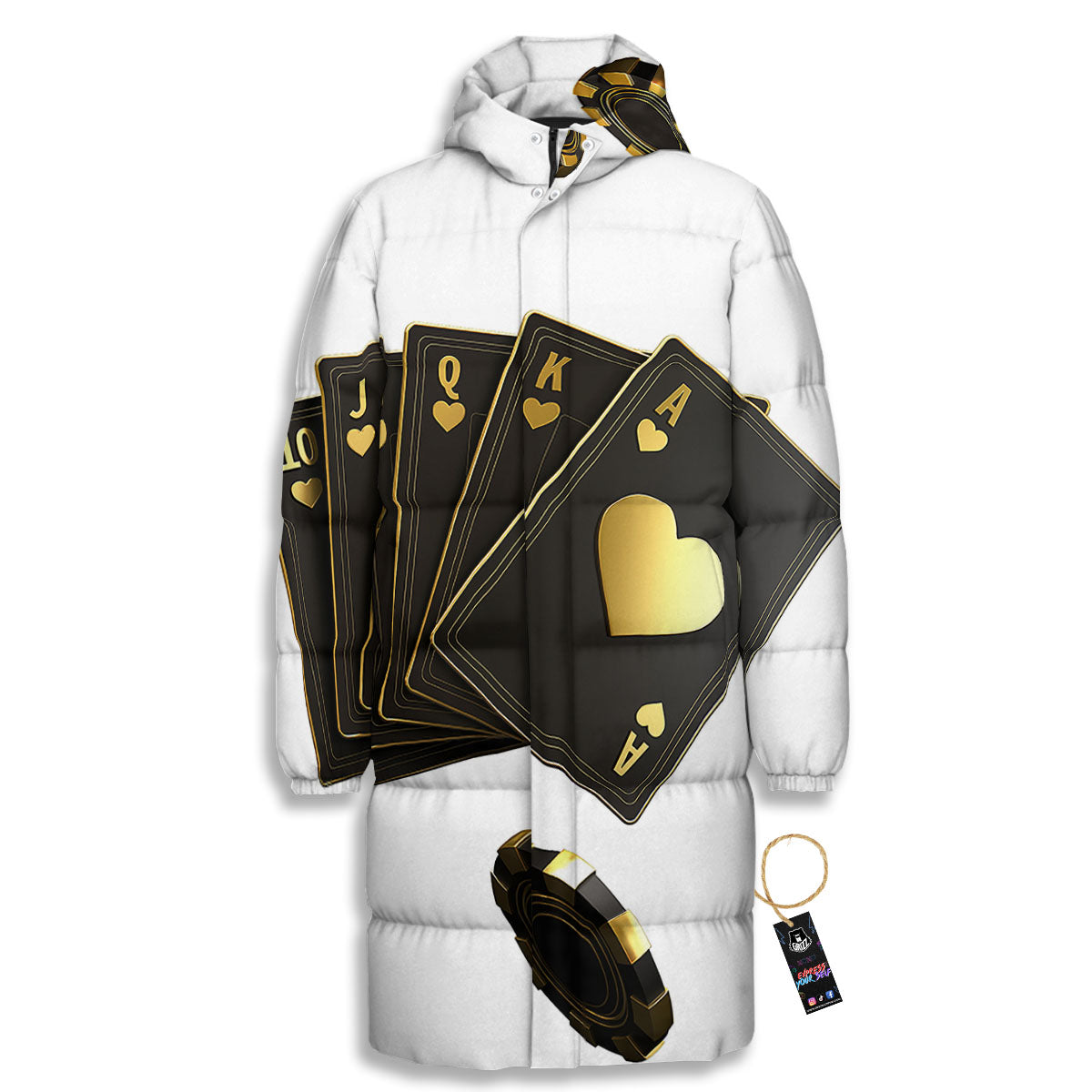 Poker Cards Print Long Down Jacket-grizzshop