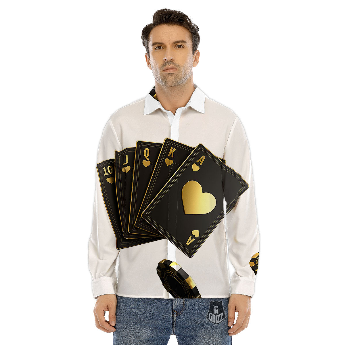 Poker Cards Print Men's Dress Shirts-grizzshop